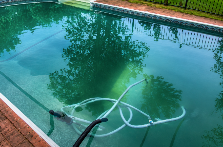 Pool with green algae-filled water before professional cleaning