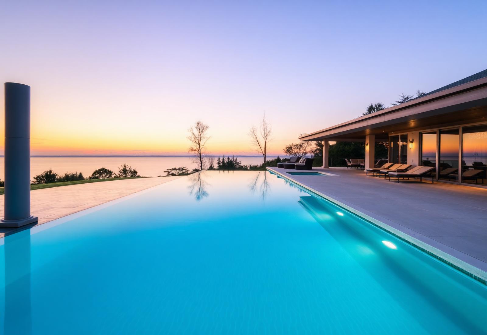 Luxurious crystal-clear infinity pool at a Long Island estate at sunset